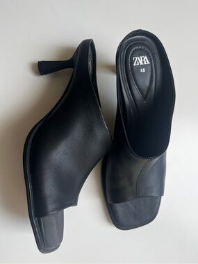 ZARA Black Leather Square-Toe Slip-On Mule Heels